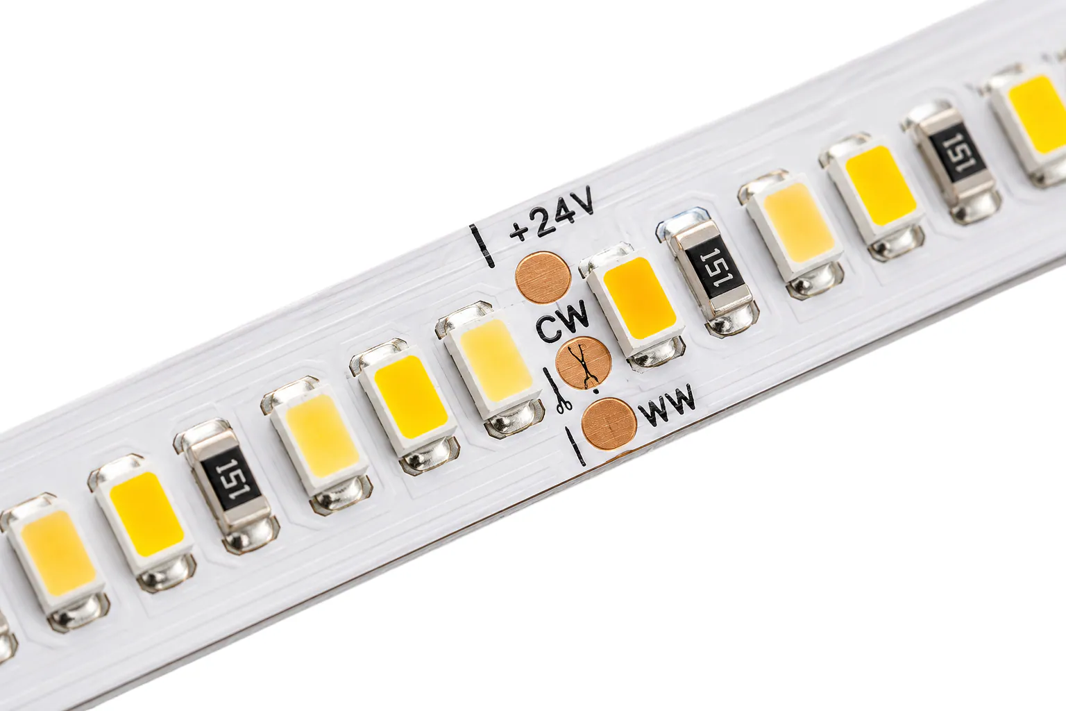LED pásek CCT 24V detail — dvouvrstvé PCB, San'an 2835 SMD, 3M páska 300 LSE